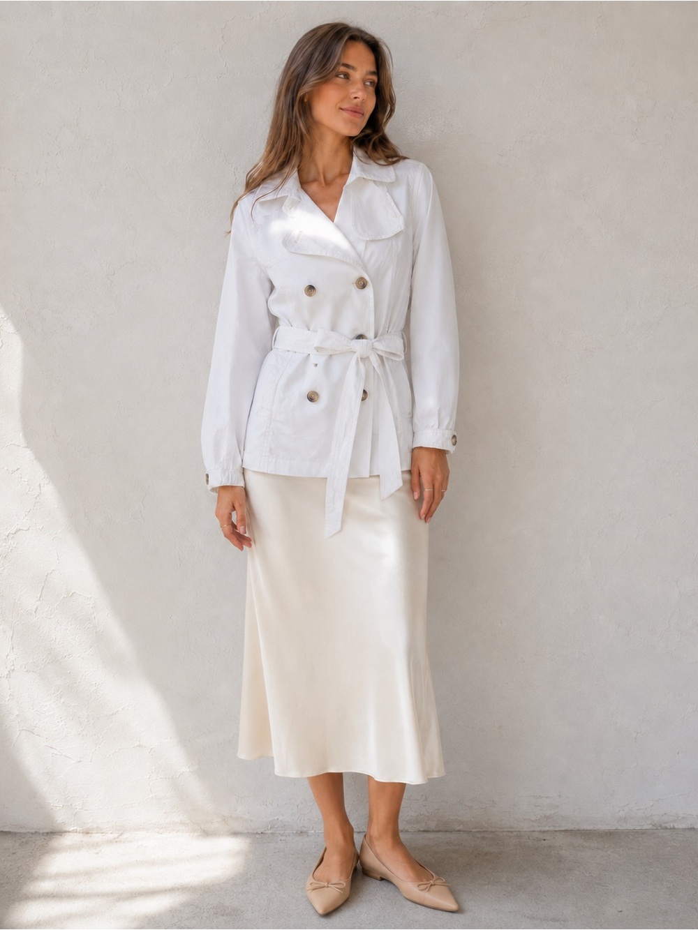 White Cotton Short Trench Jacket Y2K Preppy Minimalist Clean Girl Belted Gap M